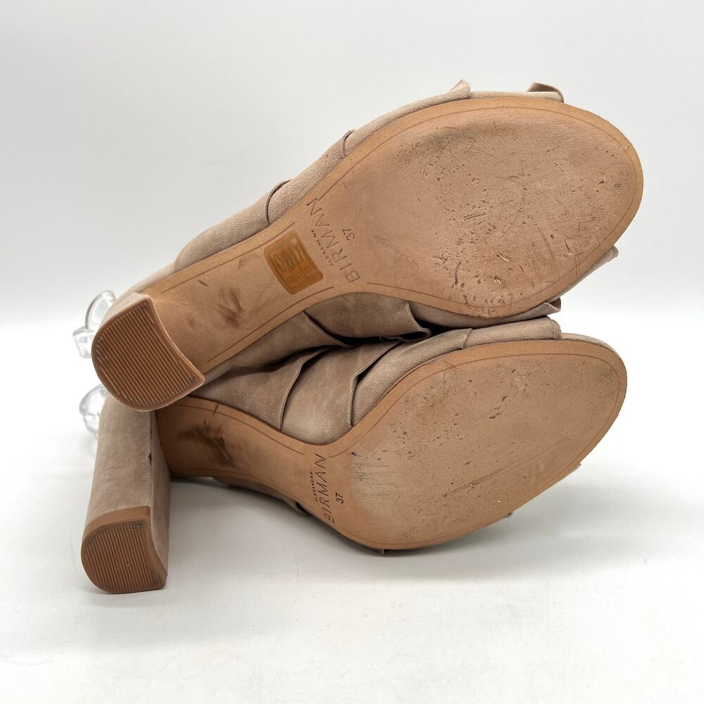 ALEXANDRE BIRMAN Ruffle Suede Heels Womens 37 Taupe Leather Ankle Wrap Sandal - Picture 6 of 16